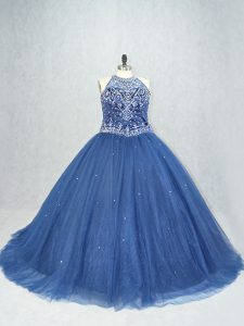 Navy Blue Tulle Lace Up Quinceanera Gown Sleeveless Brush Train Beading