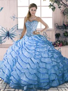 Beading and Ruffles Quinceanera Gown Blue Lace Up Sleeveless Brush Train