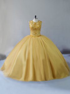 Gold Ball Gowns Scoop Sleeveless Tulle Brush Train Lace Up Beading Quinceanera Dress