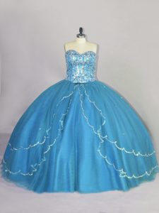 Super Ball Gowns Sleeveless Blue Quinceanera Dress Brush Train Lace Up