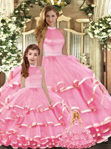 Sleeveless Organza Floor Length Lace Up Ball Gown Prom Dress in Pink with Beading and Ruffled Layers