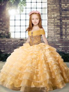Dazzling Orange Straps Neckline Beading and Ruffled Layers Little Girl Pageant Gowns Sleeveless Lace Up