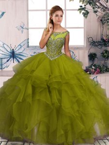 Beautiful Sleeveless Organza Floor Length Zipper Quinceanera Dress in Olive Green with Beading and Ruffles