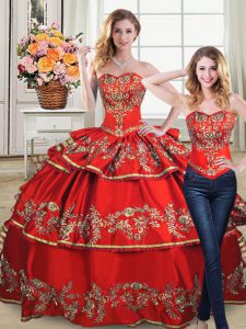 Artistic Red Satin and Organza Lace Up Sweetheart Sleeveless Floor Length 15th Birthday Dress Embroidery and Ruffled Layers