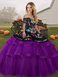 Admirable Black And Purple Quince Ball Gowns Military Ball and Sweet 16 and Quinceanera with Embroidery and Ruffled Layers Off The Shoulder Sleeveless Brush Train Lace Up