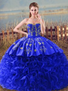 Customized Sweetheart Sleeveless Organza Quinceanera Gowns Embroidery and Ruffles Brush Train Lace Up
