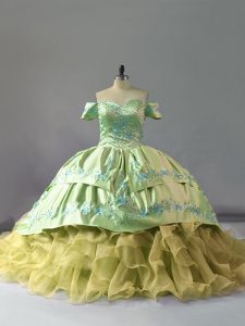 Yellow Green Lace Up Off The Shoulder Embroidery and Ruffles Quinceanera Dress Organza Sleeveless Chapel Train