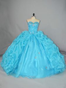 Floor Length Lace Up 15th Birthday Dress Blue for Quinceanera with Embroidery and Ruffles