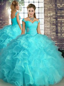 Aqua Blue Sleeveless Floor Length Beading and Ruffles Lace Up Quinceanera Gown