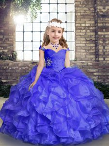 Blue Straps Lace Up Beading and Ruffles Pageant Dress Sleeveless