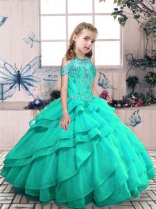Turquoise Sleeveless Organza Lace Up Pageant Dress for Party and Wedding Party