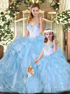 Blue Sleeveless Floor Length Beading and Ruffles Lace Up 15 Quinceanera Dress