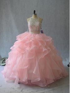 Peach Two Pieces Halter Top Sleeveless Organza Backless Beading and Ruffles 15 Quinceanera Dress