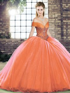 Gorgeous Ball Gowns Sleeveless Orange Red Quinceanera Gowns Brush Train Lace Up