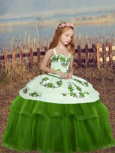 Tulle Straps Sleeveless Lace Up Embroidery Girls Pageant Dresses in Green