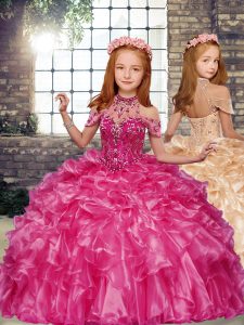 High-neck Sleeveless Little Girls Pageant Gowns Floor Length Beading and Ruffles Hot Pink Organza