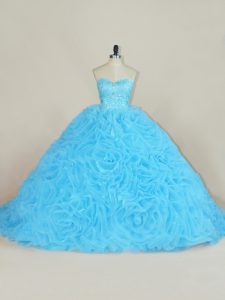 Wonderful Baby Blue Lace Up Quinceanera Gowns Beading and Ruffles Sleeveless Floor Length Court Train