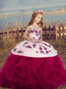 Fuchsia Straps Neckline Embroidery and Ruffles Kids Pageant Dress Sleeveless Lace Up