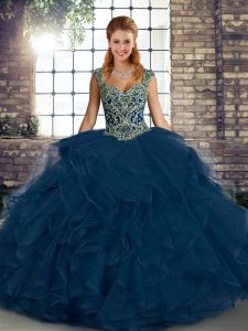 Blue Sweet 16 Quinceanera Dress Military Ball and Sweet 16 and Quinceanera with Beading and Ruffles Straps Sleeveless Lace Up