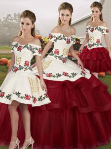 Wine Red Tulle Lace Up Off The Shoulder Sleeveless Sweet 16 Dresses Brush Train Embroidery and Ruffled Layers