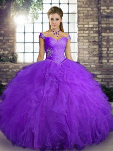 Dramatic Purple Sleeveless Beading and Ruffles Floor Length Quinceanera Gown