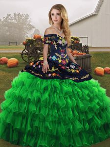 Green Off The Shoulder Neckline Embroidery and Ruffled Layers Sweet 16 Dresses Sleeveless Lace Up