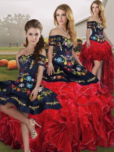 Floor Length Red And Black 15th Birthday Dress Organza Sleeveless Embroidery and Ruffles