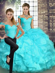 Simple Organza Off The Shoulder Sleeveless Lace Up Beading and Ruffles Vestidos de Quinceanera in Aqua Blue