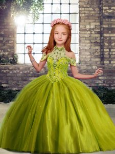 Olive Green High-neck Lace Up Beading Pageant Gowns For Girls Sleeveless