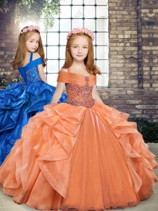 Super Orange Sleeveless Organza Lace Up Little Girls Pageant Gowns for Party and Wedding Party