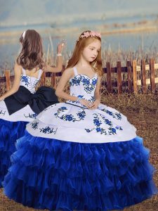 Royal Blue Straps Lace Up Embroidery and Ruffled Layers Girls Pageant Dresses Long Sleeves