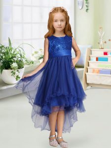 Deluxe Royal Blue Scoop Zipper Sequins and Bowknot Flower Girl Dress Sleeveless