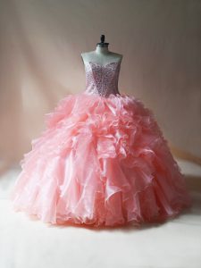 Floor Length Pink Quince Ball Gowns Organza Sleeveless Beading and Ruffles