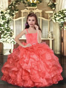 Beautiful Coral Red Straps Lace Up Ruffles Little Girl Pageant Gowns Sleeveless
