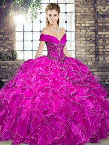 Beading and Ruffles Quince Ball Gowns Fuchsia Lace Up Sleeveless Floor Length