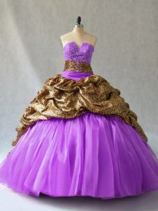Top Selling Lavender Sleeveless Organza and Printed Lace Up 15 Quinceanera Dress for Sweet 16 and Quinceanera