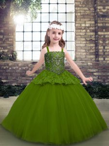 Floor Length Olive Green Pageant Dress for Teens Tulle Sleeveless Beading