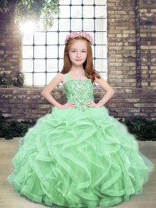 Apple Green Ball Gowns Organza and Tulle Straps Sleeveless Beading and Ruffles Floor Length Lace Up Pageant Gowns For Girls