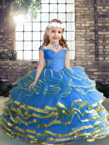 Gorgeous Blue Sleeveless Tulle Lace Up Pageant Gowns For Girls for Party and Wedding Party