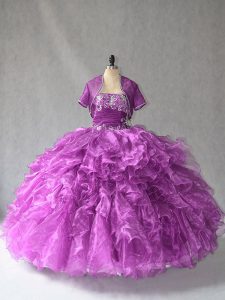 Luxury Floor Length Lace Up Sweet 16 Quinceanera Dress Purple for Sweet 16 and Quinceanera with Beading and Ruffles