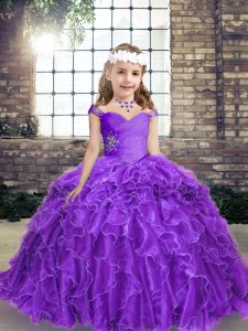 Perfect Purple Straps Lace Up Beading and Ruffles Kids Formal Wear Sleeveless
