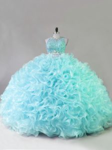 Dramatic Blue Fabric With Rolling Flowers Zipper Quince Ball Gowns Sleeveless Floor Length Beading