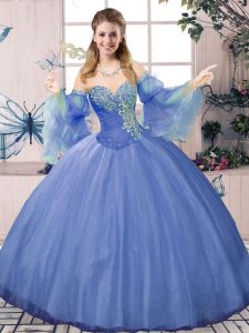 Low Price Blue Tulle Lace Up Sweetheart Sleeveless Floor Length Quinceanera Gowns Beading