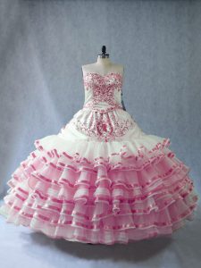 Vintage Pink And White Organza Lace Up Sweetheart Sleeveless Floor Length Sweet 16 Quinceanera Dress Embroidery and Ruffled Layers and Bowknot