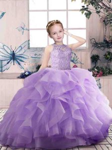 Excellent Scoop Sleeveless Kids Formal Wear Floor Length Beading and Ruffles Lavender Organza