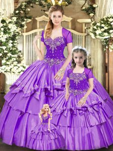 Floor Length Lace Up Quince Ball Gowns Lavender for Military Ball and Sweet 16 and Quinceanera with Beading and Ruffled Layers