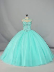 Luxury Apple Green Tulle Lace Up Quinceanera Dresses Sleeveless Brush Train Beading