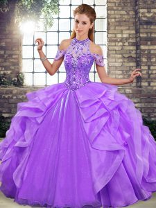 Halter Top Sleeveless Lace Up Quinceanera Gown Lavender Organza
