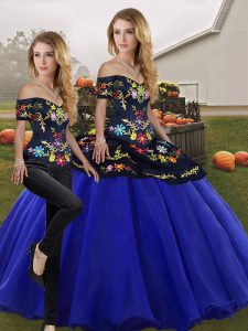 Suitable Sleeveless Floor Length Embroidery Lace Up Sweet 16 Dress with Royal Blue