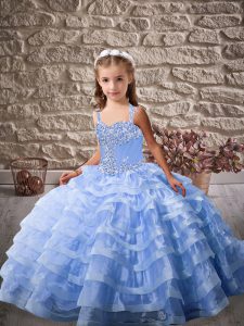 Custom Made Straps Sleeveless Brush Train Lace Up Little Girls Pageant Dress Blue Organza